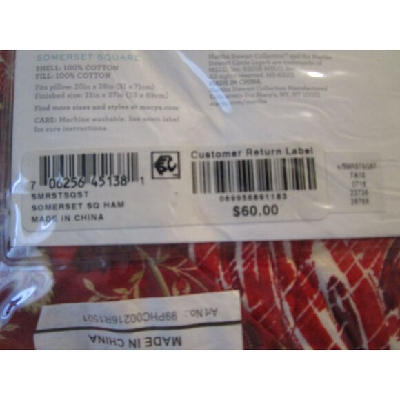 Vintage Martha Stewart Somerset Square Standard Sham Quilted Cotton Red White NI - Picture 5 of 10
